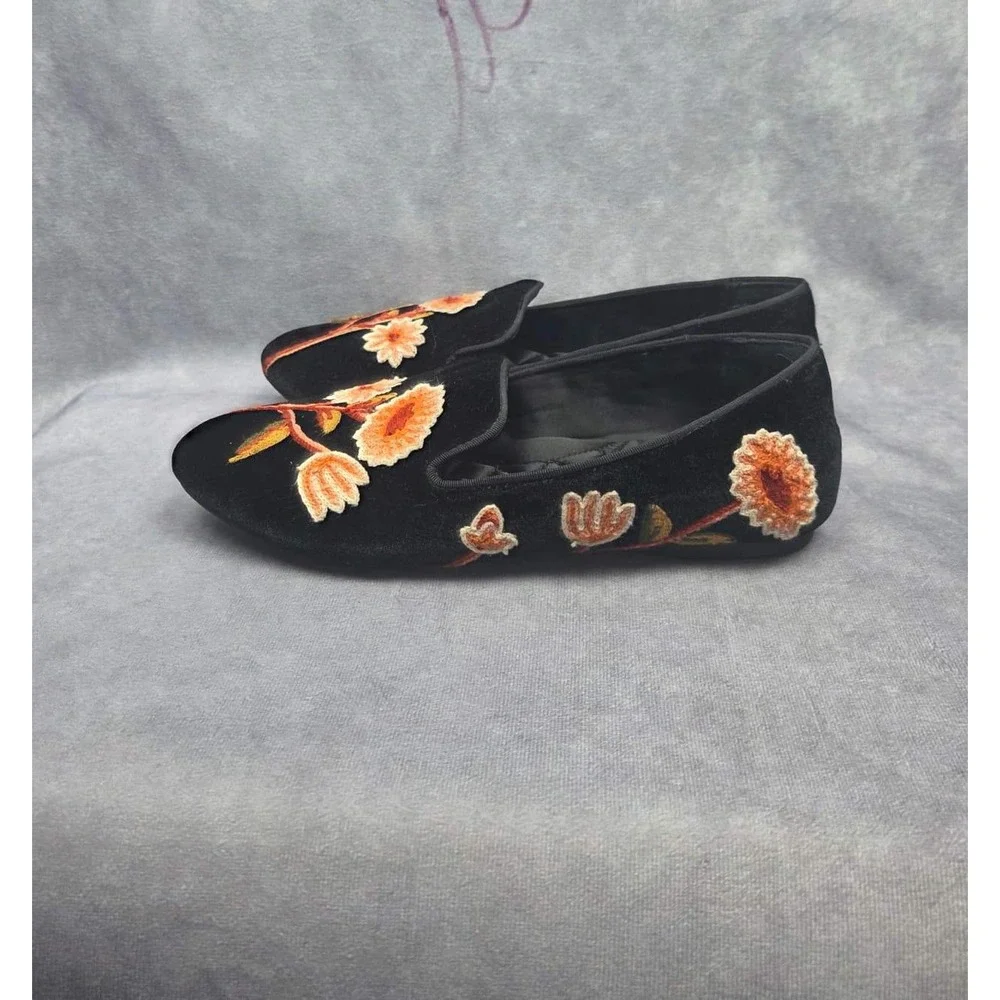 Birdies‎ Starling Black Velvet Floral Embroidered Loafers Shoes Womens 6 Donqun